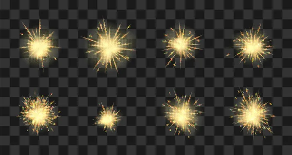 Set effetto scintille ignee vettoriali. Fuoco scintillante. Progettazione di fuochi d'artificio su sfondo trasparente . — Vettoriale Stock