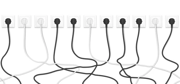 Enchufe blanco eléctrico realista con enchufes blancos y negros conectados. Fondo de cables enredados vector sin costura . — Vector de stock