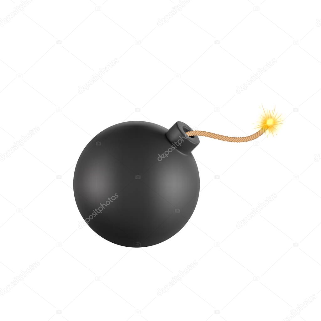 Black round bomb with sparkling wick. Vector illustration.