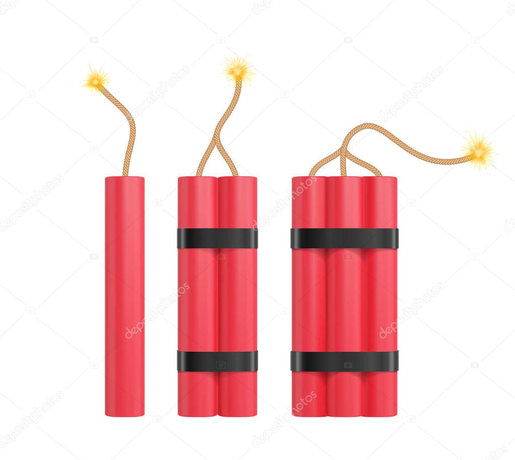 Bomb with flickering fuse. Realistic vector TNT dynamite sticks illustration.