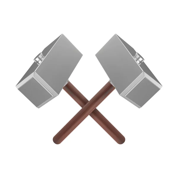 Reális keresztezett fém kalapácsok fa fogantyúval. Thor ikonjának fegyvere. 3d vektor illusztráció. — Stock Vector