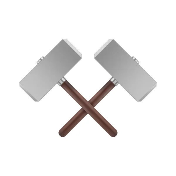 Martillos metálicos cruzados realistas con mango de madera. Icono Arma de Thor. Ilustración vectorial . — Archivo Imágenes Vectoriales