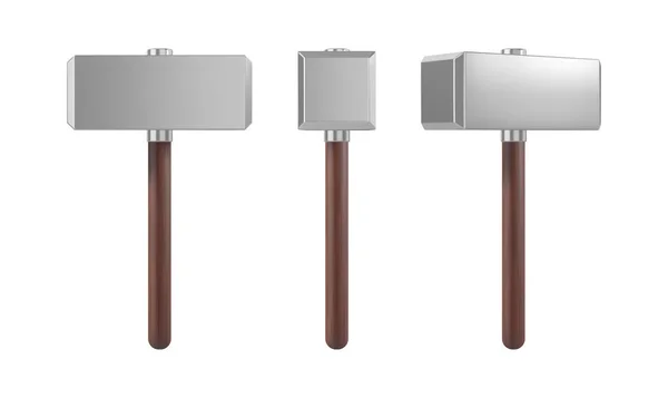 Realistische metalen hamer met houten handvat set. Wapen van Thor. Vectorillustratie. — Stockvector