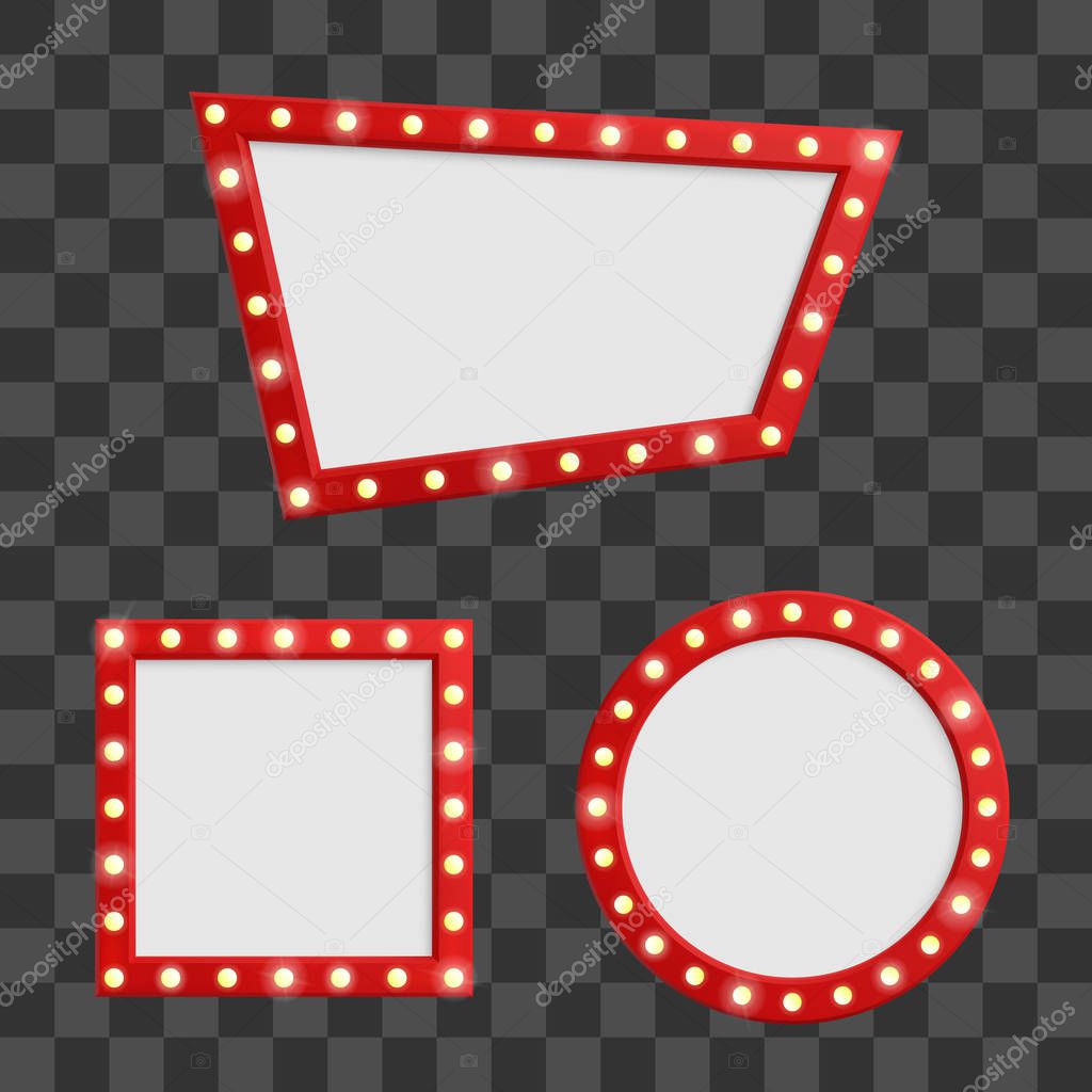 Cinema signboard set with light bulbs. Retro show frame. Vector illustration.