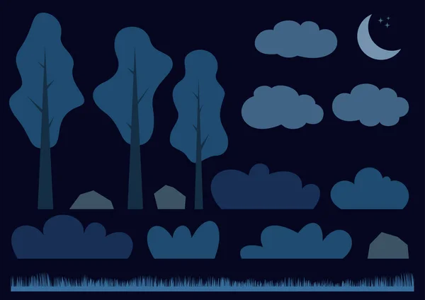 Conjunto de elementos vectoriales para el diseño del paisaje nocturno de fondo con árboles, arbustos, nubes y hierba . — Vector de stock