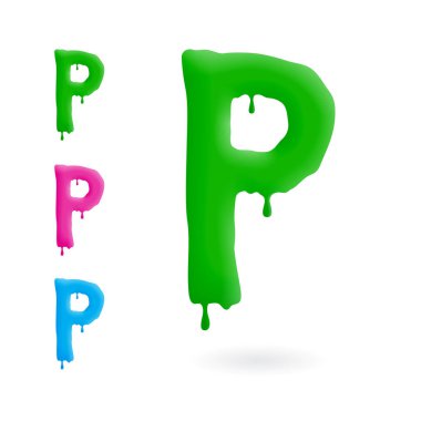 P harfi logosu. Damlalı yeşil, mavi ve pembe bir karakter. Damlayan sıvı sembolü. İzole vektör.