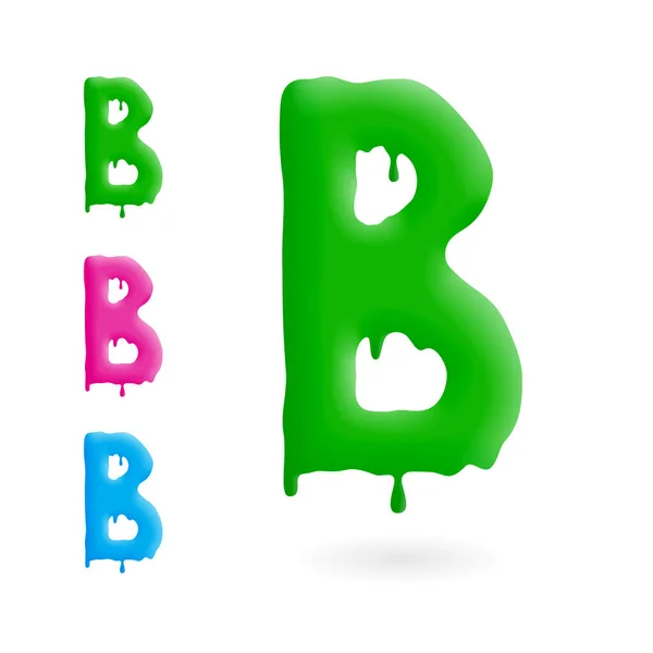 Letter B logo. Groen, blauw en roze karakter met druppels. Druipend vloeistofsymbool. Geïsoleerde vector. — Stockvector
