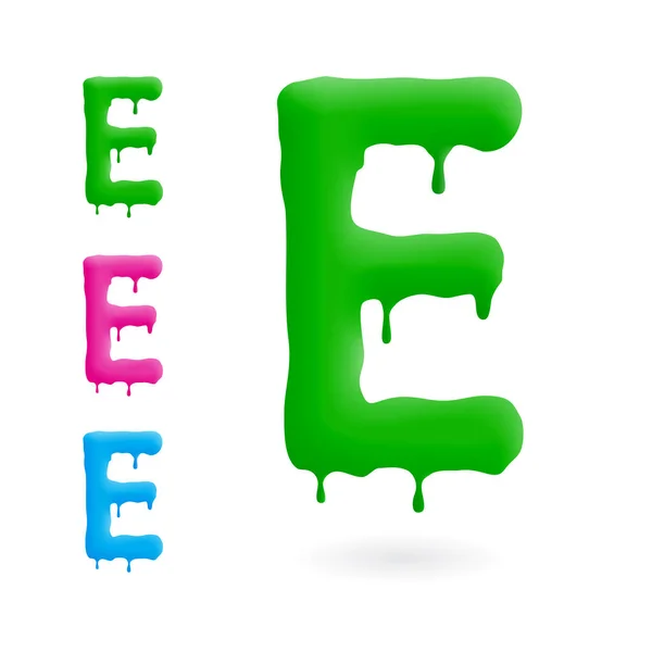 Brief E logo. Groen, blauw en roze karakter met druppels. Druipend vloeistofsymbool. Geïsoleerde vector. — Stockvector