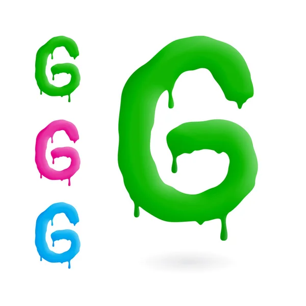 Letter G logo. Groen, blauw en roze karakter met druppels. Druipend vloeistofsymbool. Geïsoleerde vector. — Stockvector