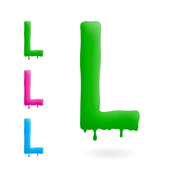 Letter L logo. Groen, blauw en roze karakter met druppels. Druipend vloeistofsymbool. Geïsoleerde vector. — Stockvector