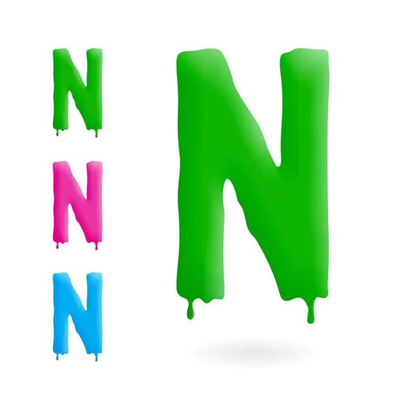 Bokstav N logotyp. Grön, blå och rosa karaktär med droppar. Droppande vätska symbol. Isolerad vektor. — Stock vektor