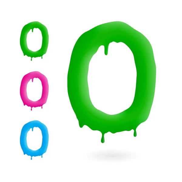 Brief O-logo. Groen, blauw en roze karakter met druppels. Druipend vloeistofsymbool. Geïsoleerde vector. — Stockvector