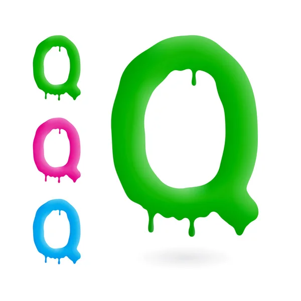 Brief Q logo. Groen, blauw en roze karakter met druppels. Druipend vloeistofsymbool. Geïsoleerde vector. — Stockvector