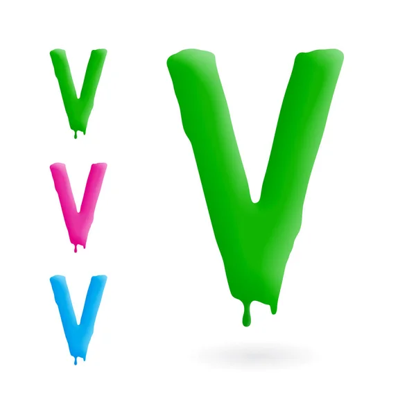 Letter V logo. Green, blue and pink character with drips. Dripping liquid symbol. Isolated vector. — Stock Vector