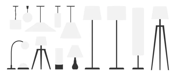 Möbelset med golv- och taklampor. Vektor platt illustration. Modern torchiere med vita lampskärmar. — Stock vektor