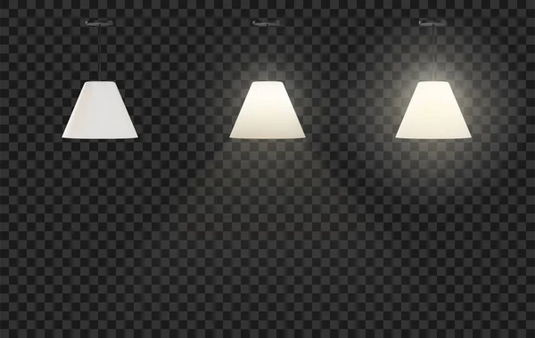 Deckenlampen Set vorhanden. Vektorflache Illustration. Moderne ein- und ausgeschaltete Hängelampen mit weißen Lampenschirmen. — Stockvektor