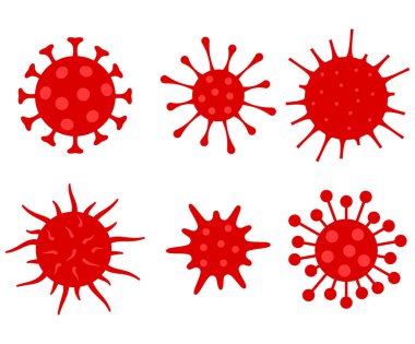 Çizgi film kırmızı virüs hücreleri ayarlandı. Coronavirus salgını konsepti. Düz vektör illüstrasyonu.