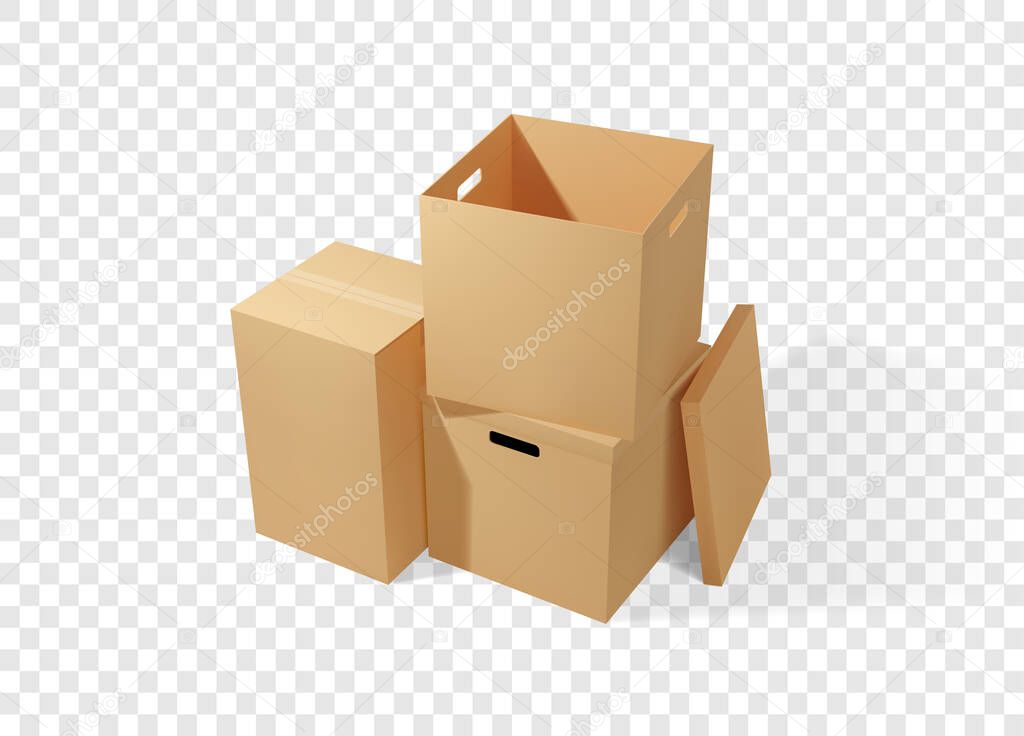 Brown cardboard boxes stack. Realistic vector illustration for moving service or warehouse design.