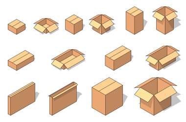 Isometric kahverengi karton açıldı ve kapalı kutu seti. Taşıma servisi veya depo tasarımı için vektör illüstrasyonu.