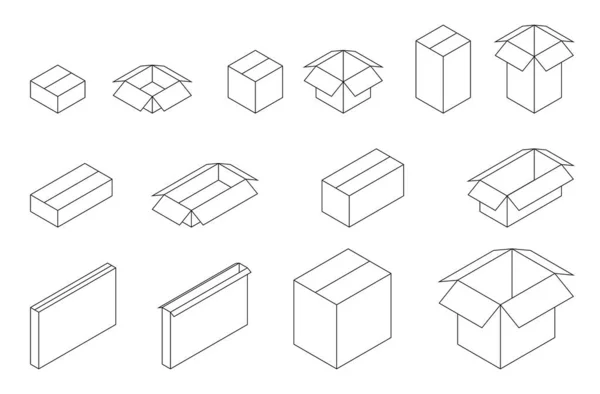 Isometrisk kontur öppnad och stängd box set. Vektorillustration för rörlig service eller lagerdesign. — Stock vektor