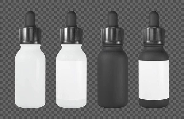 Vape or cosmetic bottle with pipette. White and black vial with label. Realistic vector mockup. — Stock Vector