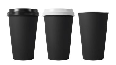 Siyah beyaz kapaklı siyah kağıt kahve fincanları. Kağıt bardağı aç ve kapat. Gerçekçi vektör modellemesi.
