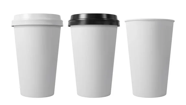 Tasses à café en papier avec couvercles noirs et blancs. Tasse en papier ouverte et fermée. Modèle vectoriel réaliste . — Image vectorielle