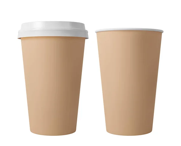 Kaffeetasse aus braunem Papier mit Deckel vorhanden. Offener und geschlossener Pappbecher. Realistische Vektor-Attrappe. — Stockvektor