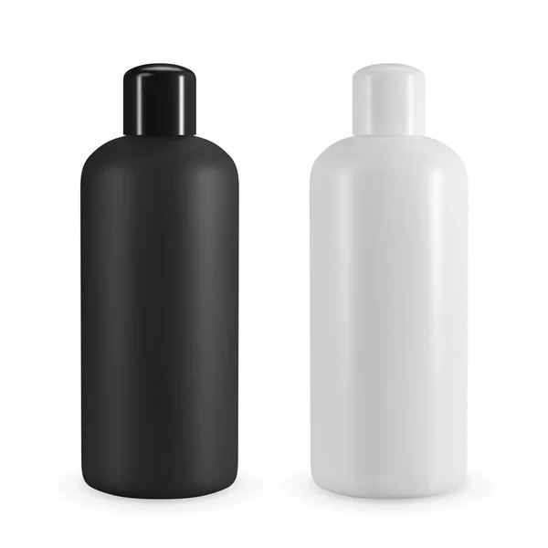 Siyah beyaz plastik kozmetik şişesi. Şampuan veya duş jeli tasarımı için gerçekçi vektör modeli.