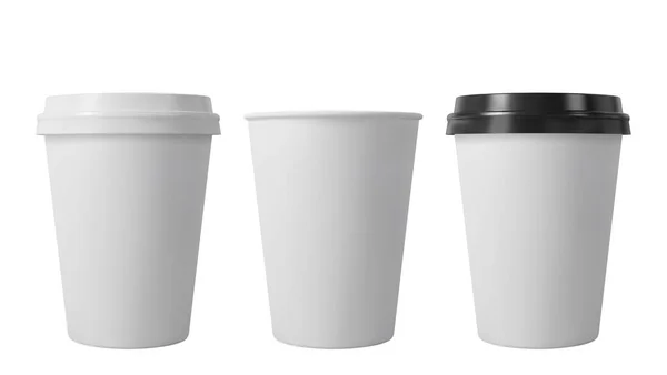 Paper coffee cups with black and white lids. Open and closed middle paper cup. Realistic vector mockup. — Stock Vector