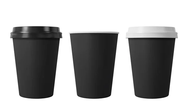 Kaffeetassen aus schwarzem Papier mit schwarzem und weißem Deckel. Geöffnete und geschlossene mittlere Pappbecher. Realistische Vektor-Attrappe. — Stockvektor