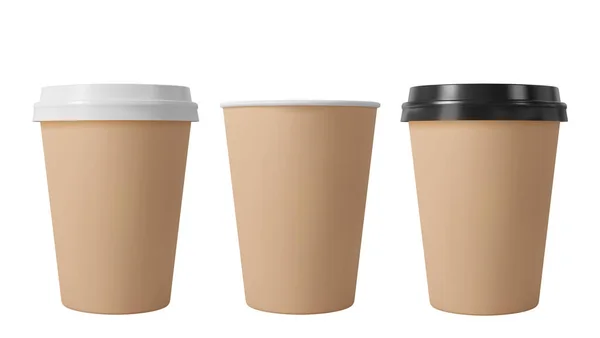 Бумажные кофейные чашки с черно-белыми крышками. Открытый и закрытый средний бумажный стаканчик. Реалистичный векторный макет . — стоковый вектор