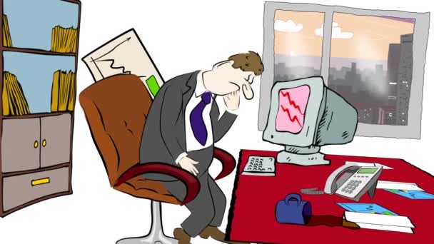 Karikatur eines Geschäftsmannes, der sich bei der Arbeit entspannt, mit Füßen auf dem Schreibtisch und Händen hinter dem Kopf — Stockvideo