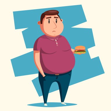 Şişman adam burger ile. Çizgi film vektör çizim.