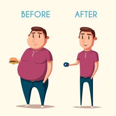 Adam önce ve sonra spor. Çizgi film vektör çizim