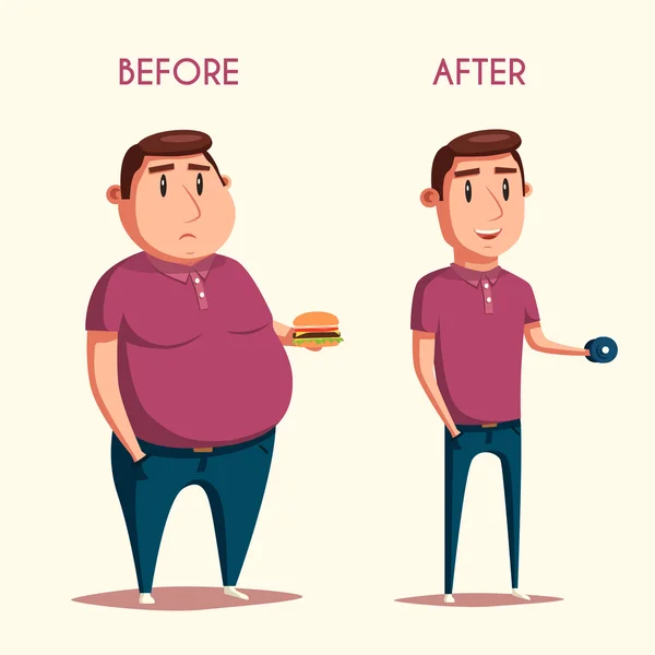 Homem antes e depois do desporto. Desenhos animados ilustração vetorial —  Vetores de Stock