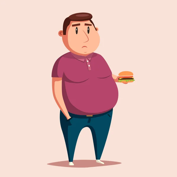 Hombre gordo con hamburguesa. Dibujos animados vector ilustración . — Archivo Imágenes Vectoriales