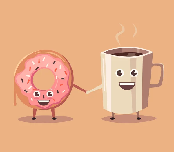 Donut rosa e personagem de café. Desenhos animados ilustração vetorial —  Vetores de Stock