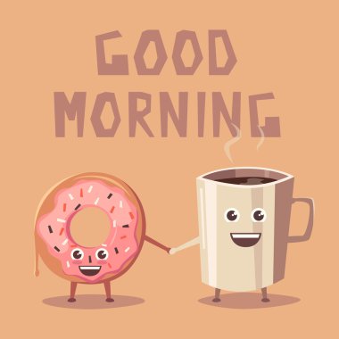 Pembe çörek ve kahve karakter. Çizgi film vektör çizim