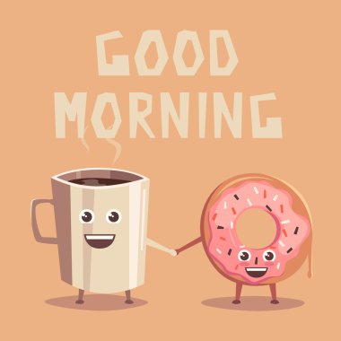 Pembe çörek ve kahve karakter. Çizgi film vektör çizim