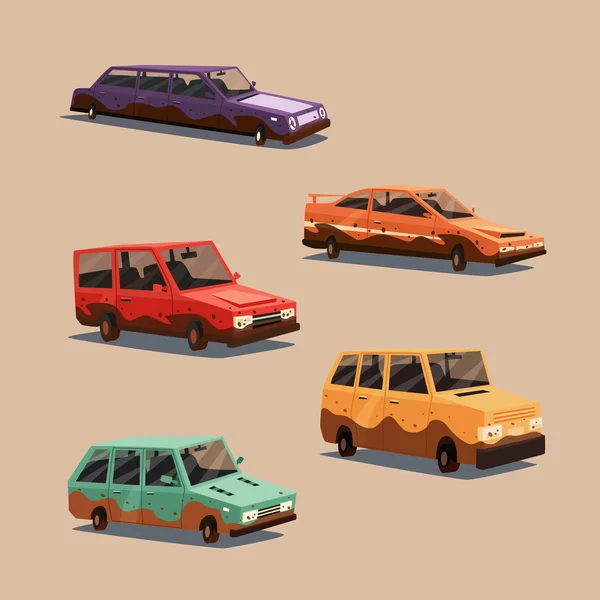 Aantal vuile vintage Amerikaanse auto. Cartoon vectorillustratie — Stockvector
