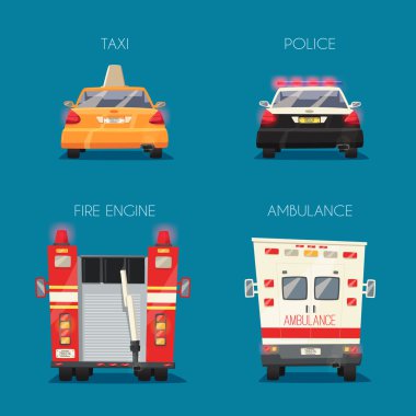 Polis, taksi, itfaiye ve ambulans araba. Vektör karikatür çizim