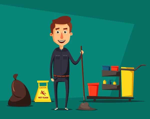 Personaggio del personale di pulizia con attrezzature. Illustrazione vettoriale cartone animato . — Vettoriale Stock