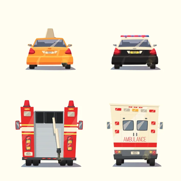 Policie, Taxi, sanitní vůz a hasičské auto. Vektorové ilustrace kreslené — Stockový vektor
