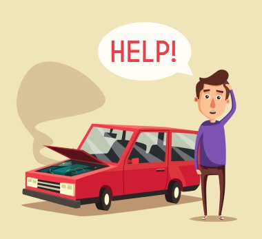 Kırık araba. Vektör karikatür çizim. Yardıma ihtiyacım var