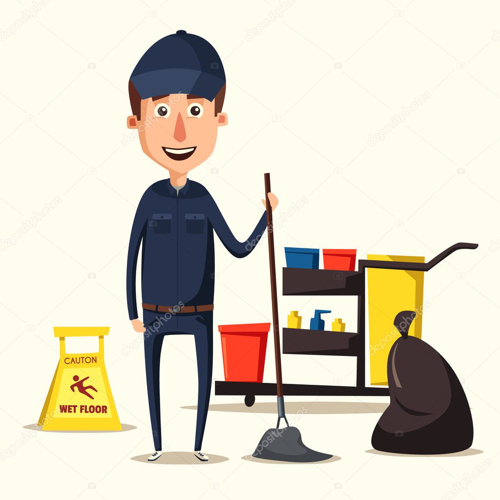 Cleaning staff character with equipment. Cartoon vector illustration.