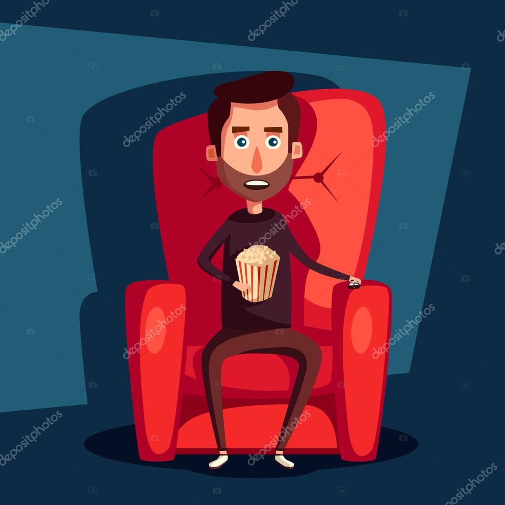 Cinema Night. Home movie watching. Cartoon vector illustration. Red sofa. Web, banner and logo design. Happy character. Man with popcorn