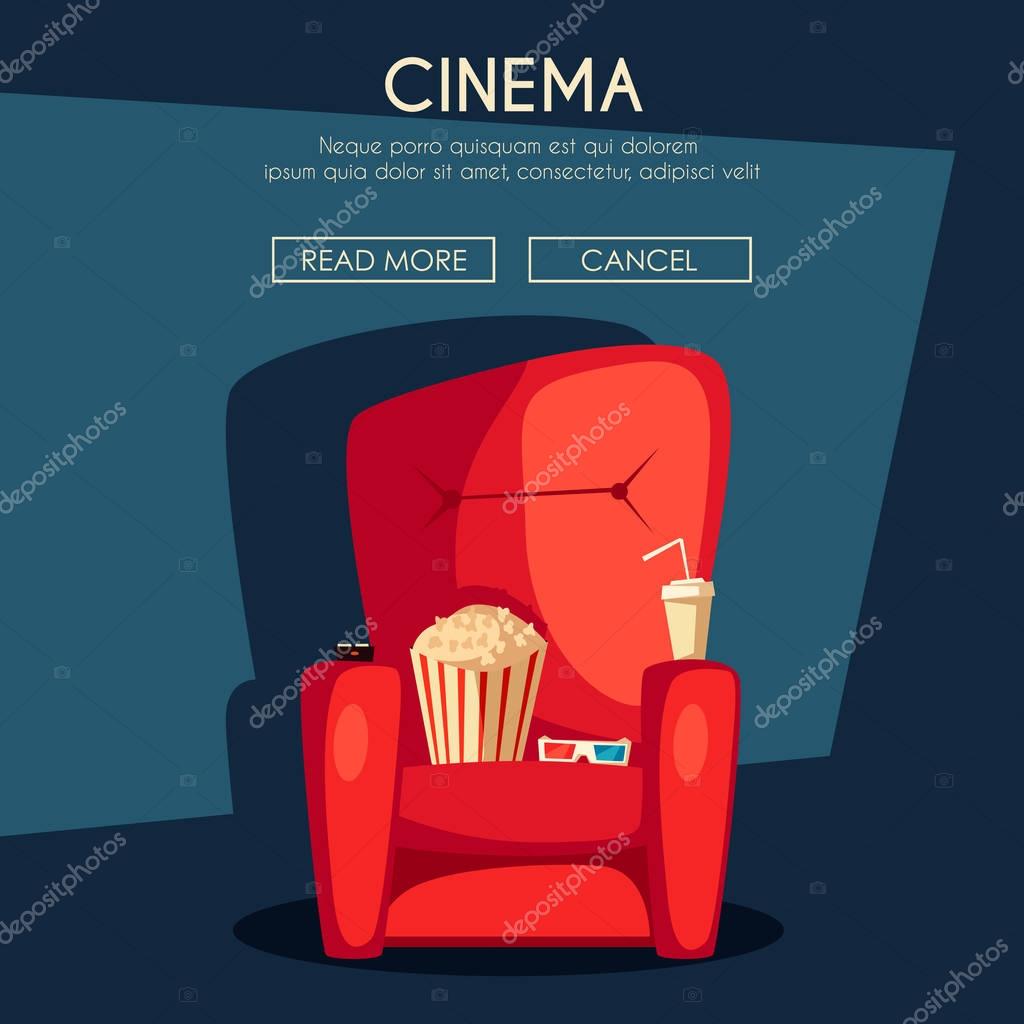 Cinema Night. Home movie watching. Cartoon vector illustration. Red sofa. Web, banner and logo design. Popcorn, cola and 3d glasses. Vintage style. Food and drink