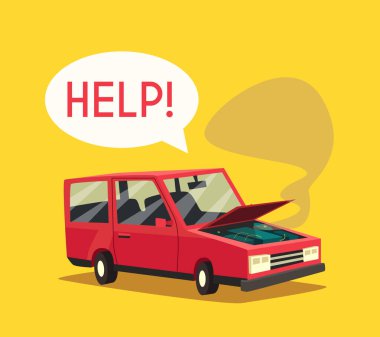 Kırık araba. Vektör karikatür çizim. Yardıma ihtiyacım var
