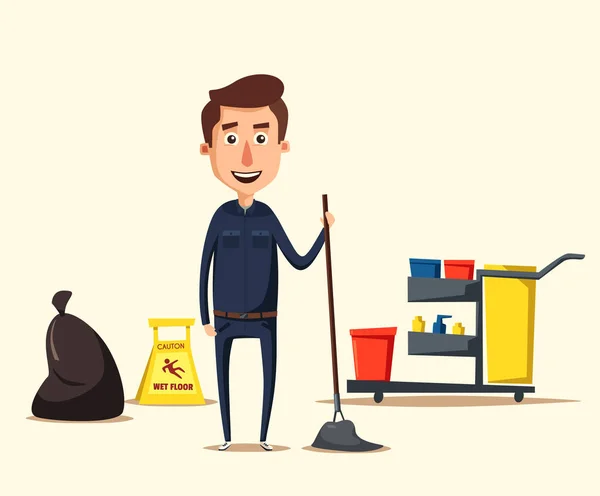 Personal de limpieza de carácter con equipo. Dibujos animados vector ilustración . — Vector de stock